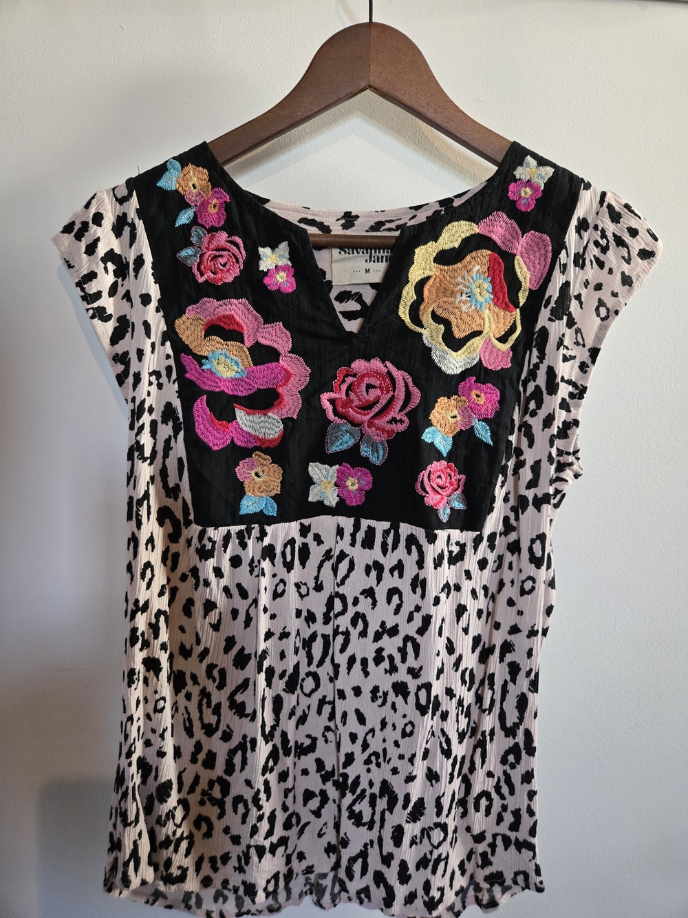 Savanna Jane Pink Leopard Print Tunic with Black Floral Embroidered Yoke